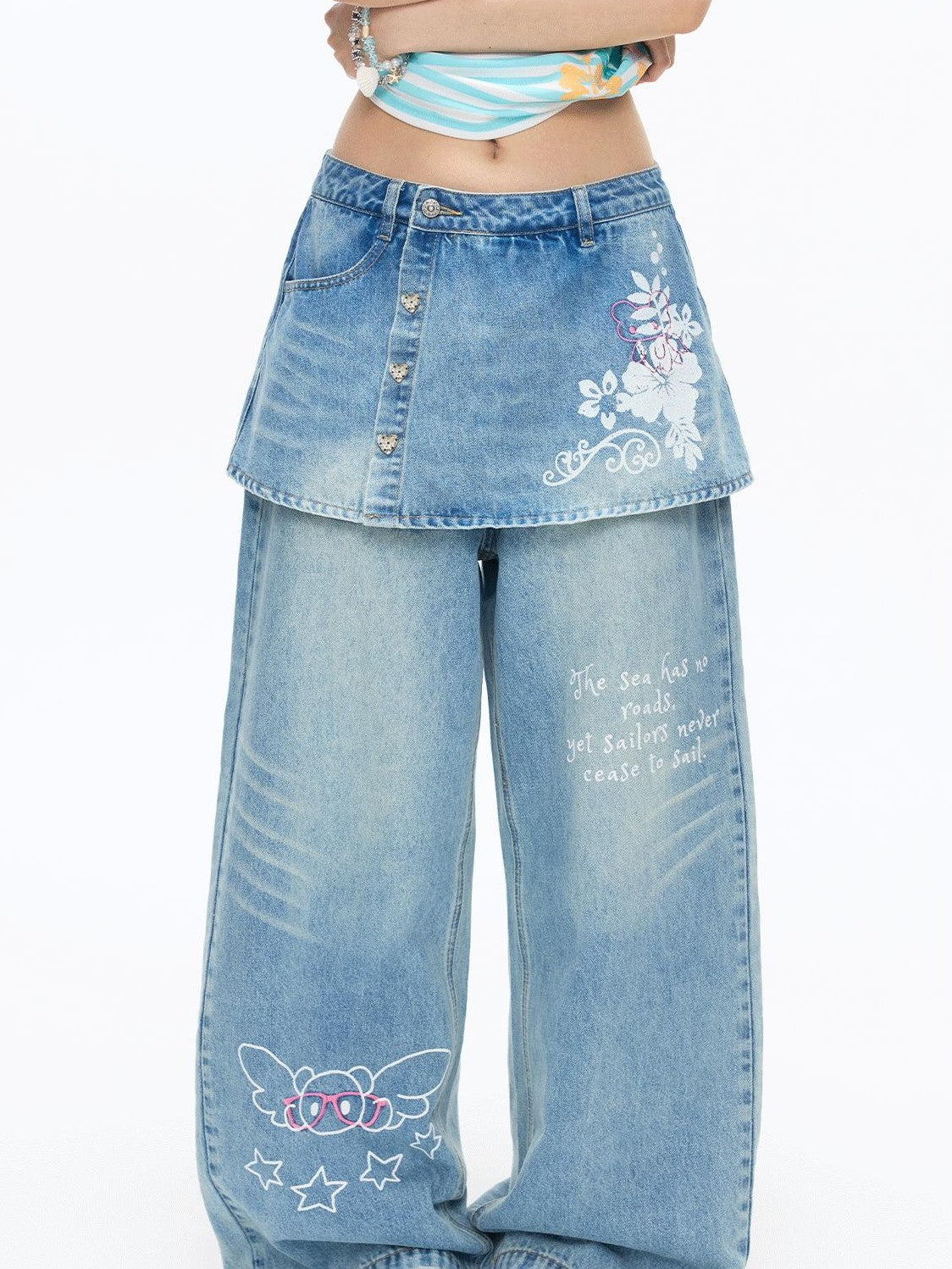 BETWEENAND Washed Blue Denim Printed Faux Two Piece Women&