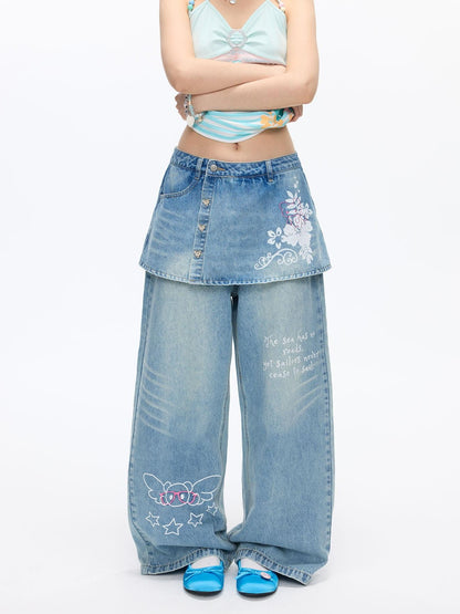 BETWEENAND Washed Blue Denim Printed Faux Two Piece Women&