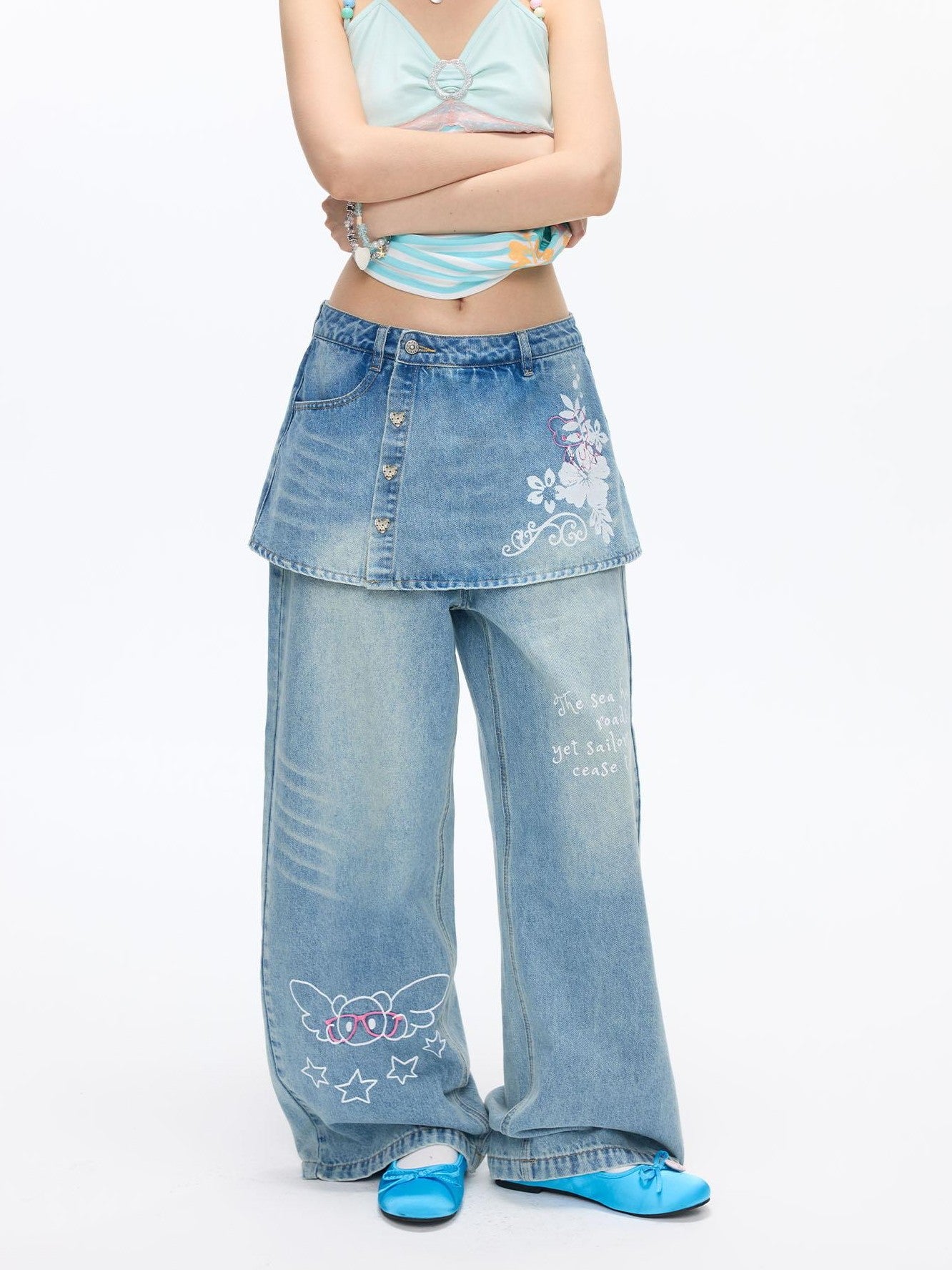 BETWEENAND Washed Blue Denim Printed Faux Two Piece Women&