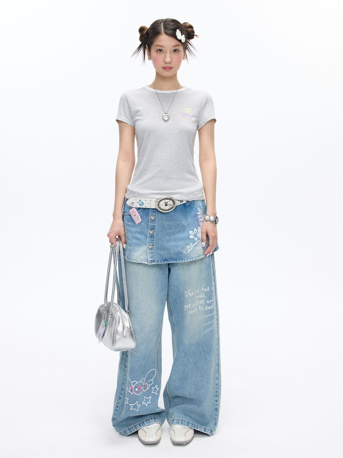 BETWEENAND Washed Blue Denim Printed Faux Two Piece Women&