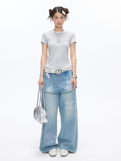 BETWEENAND Washed Blue Denim Printed Faux Two Piece Women&