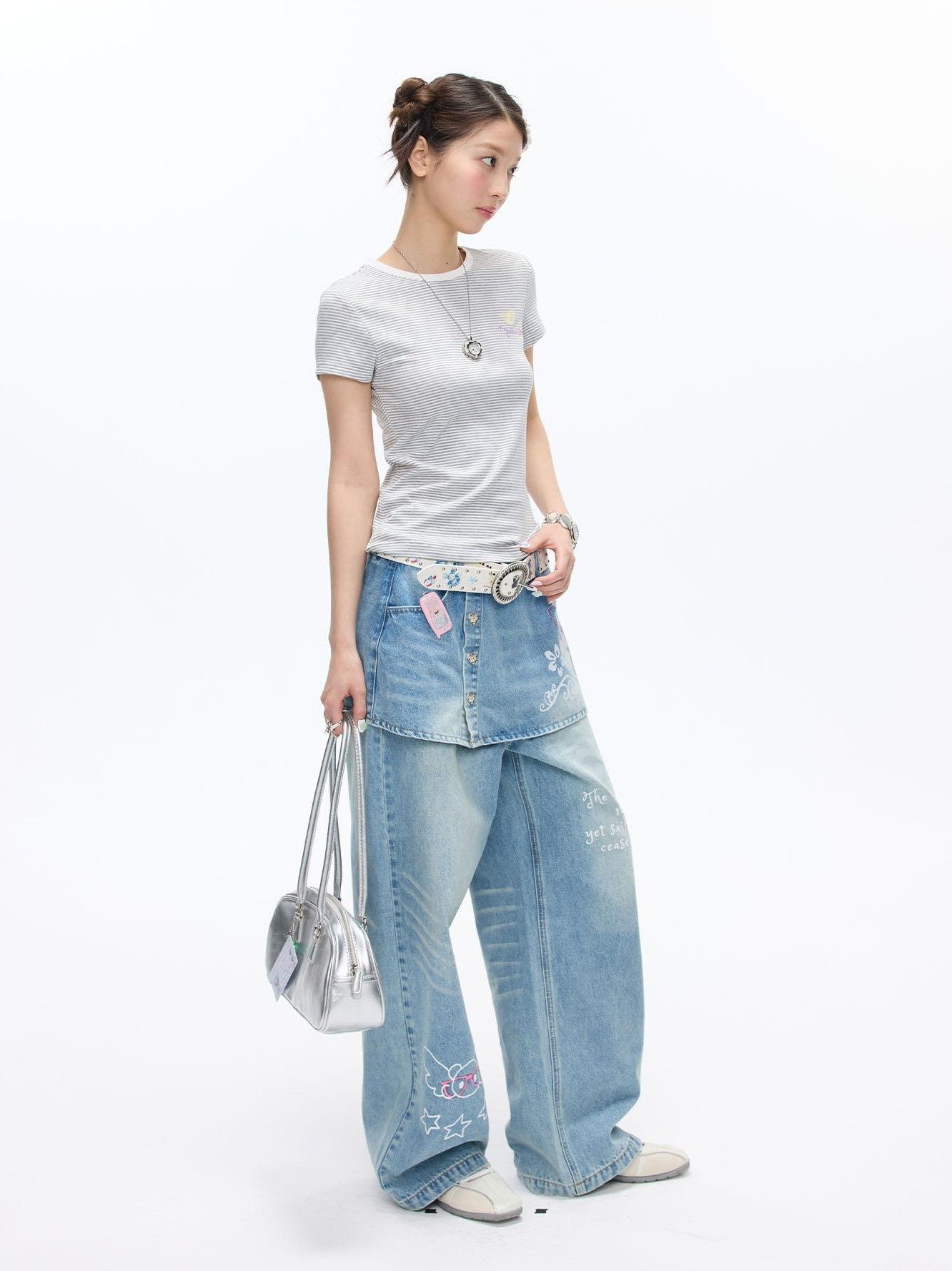 BETWEENAND Washed Blue Denim Printed Faux Two Piece Women&