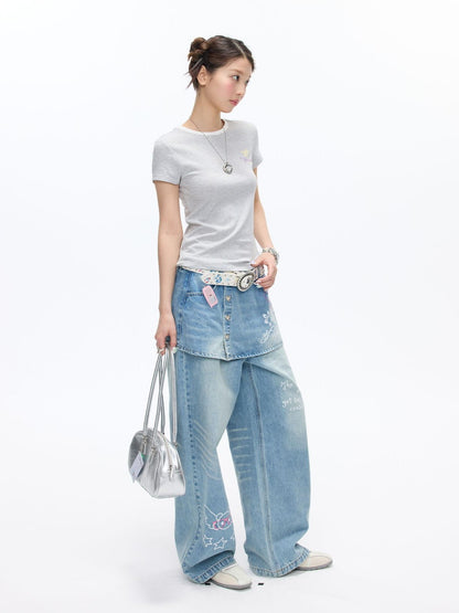 BETWEENAND Washed Blue Denim Printed Faux Two Piece Women&