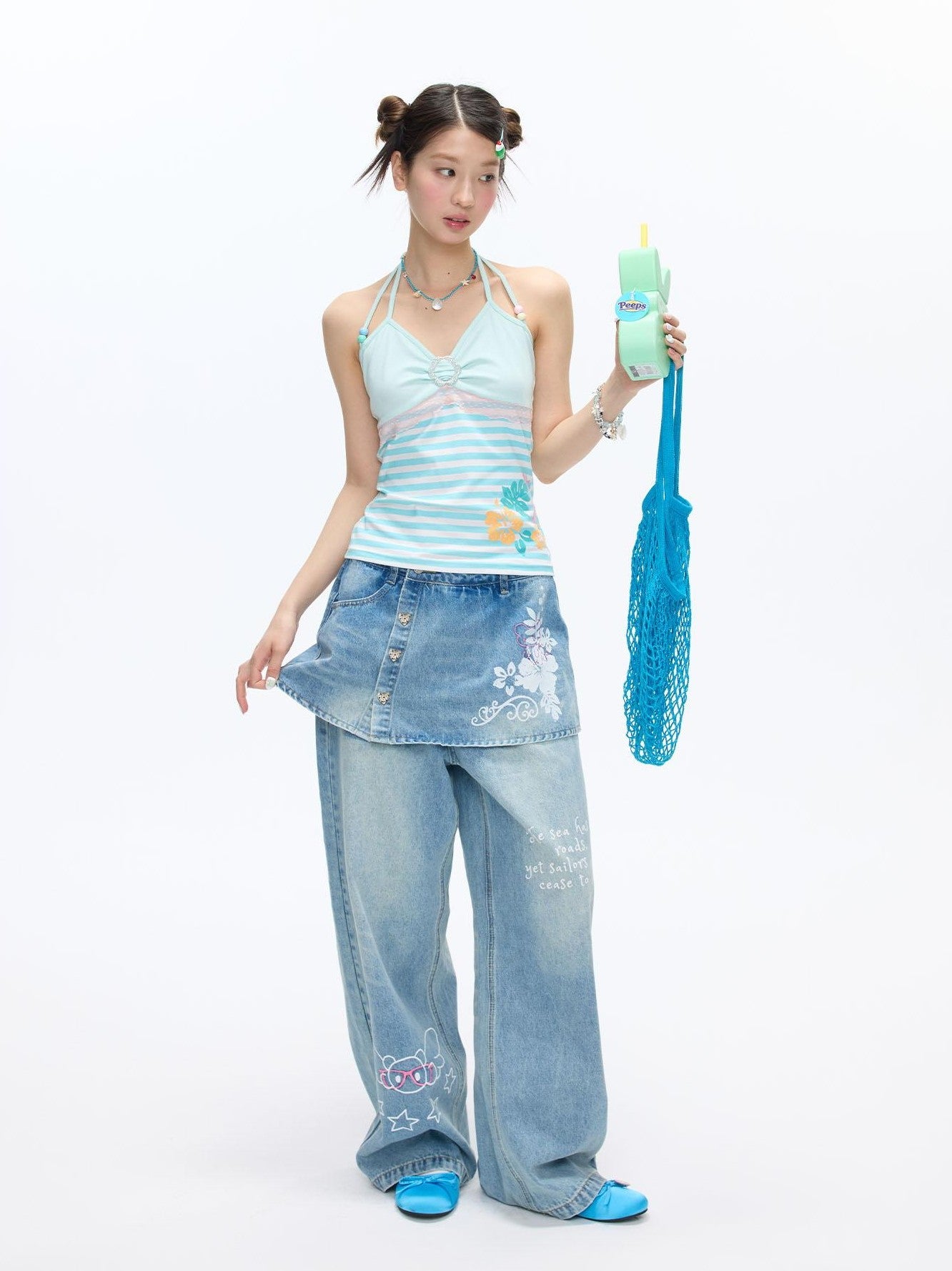 BETWEENAND Washed Blue Denim Printed Faux Two Piece Women&