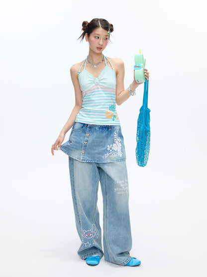 BETWEENAND Washed Blue Denim Printed Faux Two Piece Women&