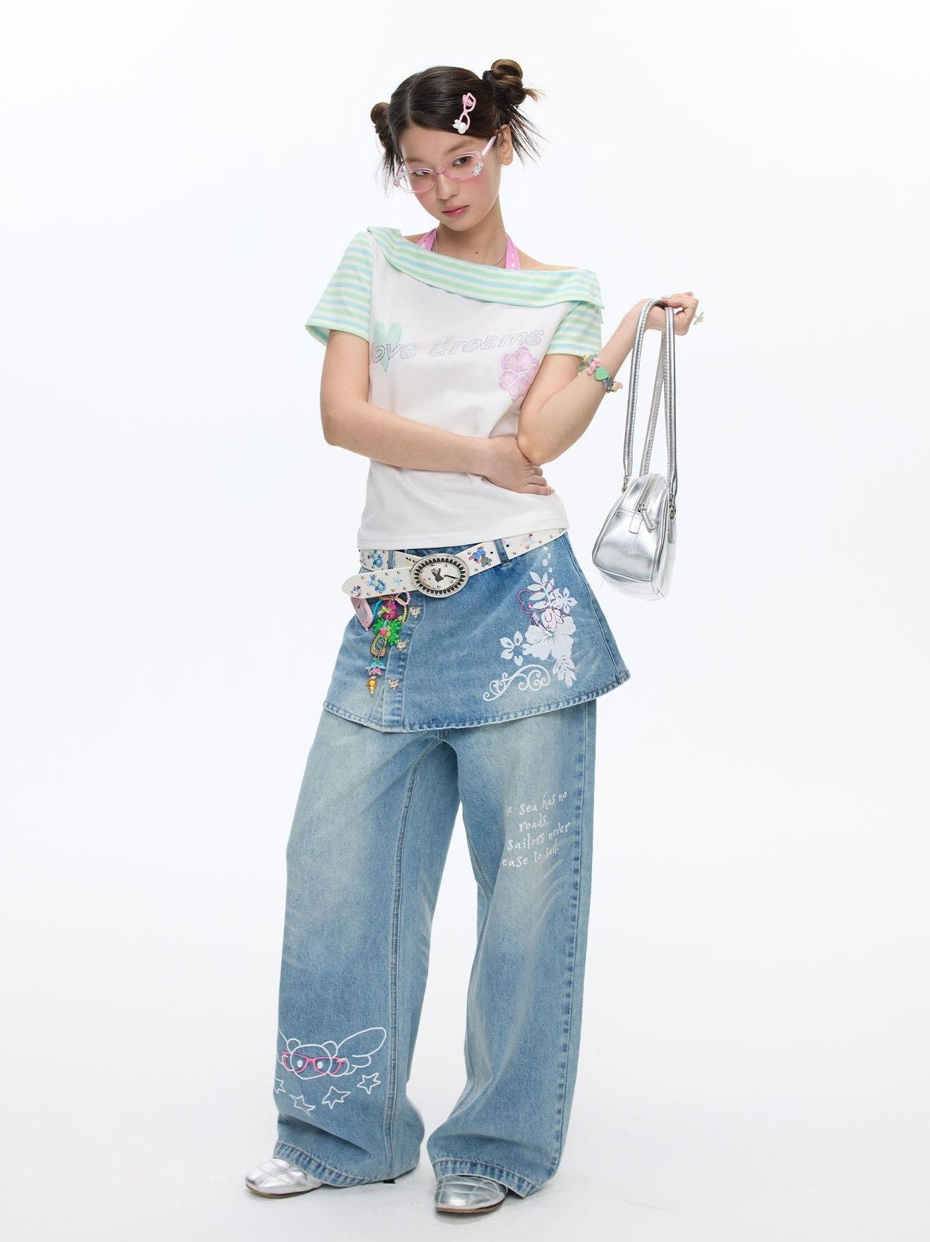 BETWEENAND Washed Blue Denim Printed Faux Two Piece Women&