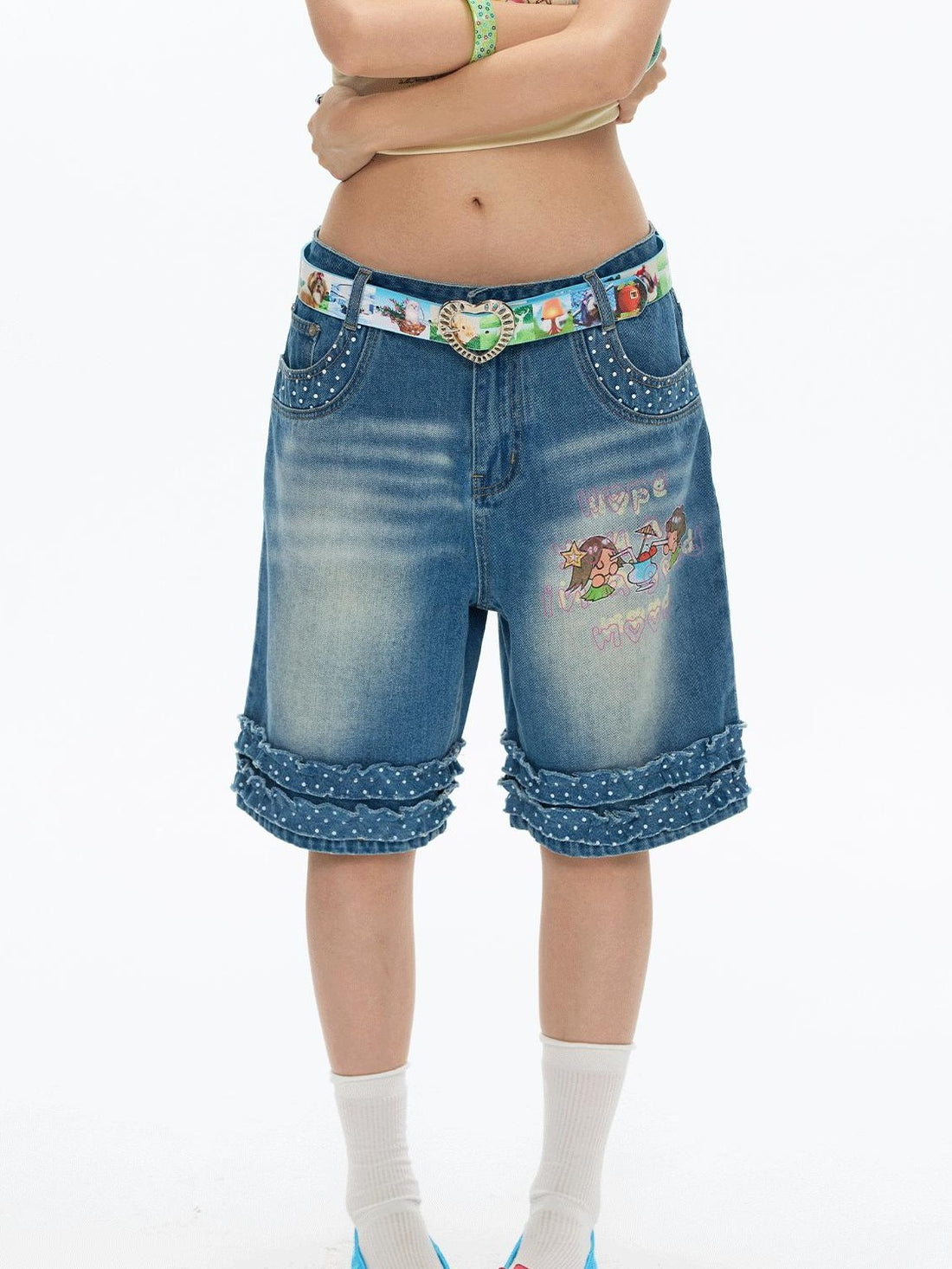 BETWEENAND Washed Blue Polka Dot Lace Trim Women&