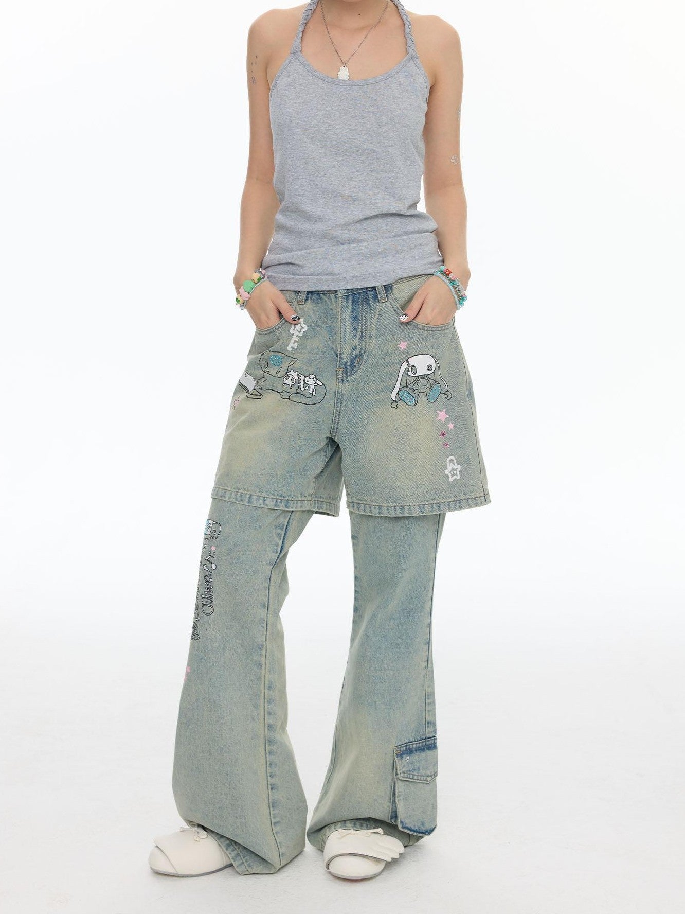 BETWEENAND Washed Faux Two Piece Print Rhinestone Slimming Women&