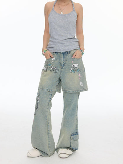 BETWEENAND Washed Faux Two Piece Print Rhinestone Slimming Women&