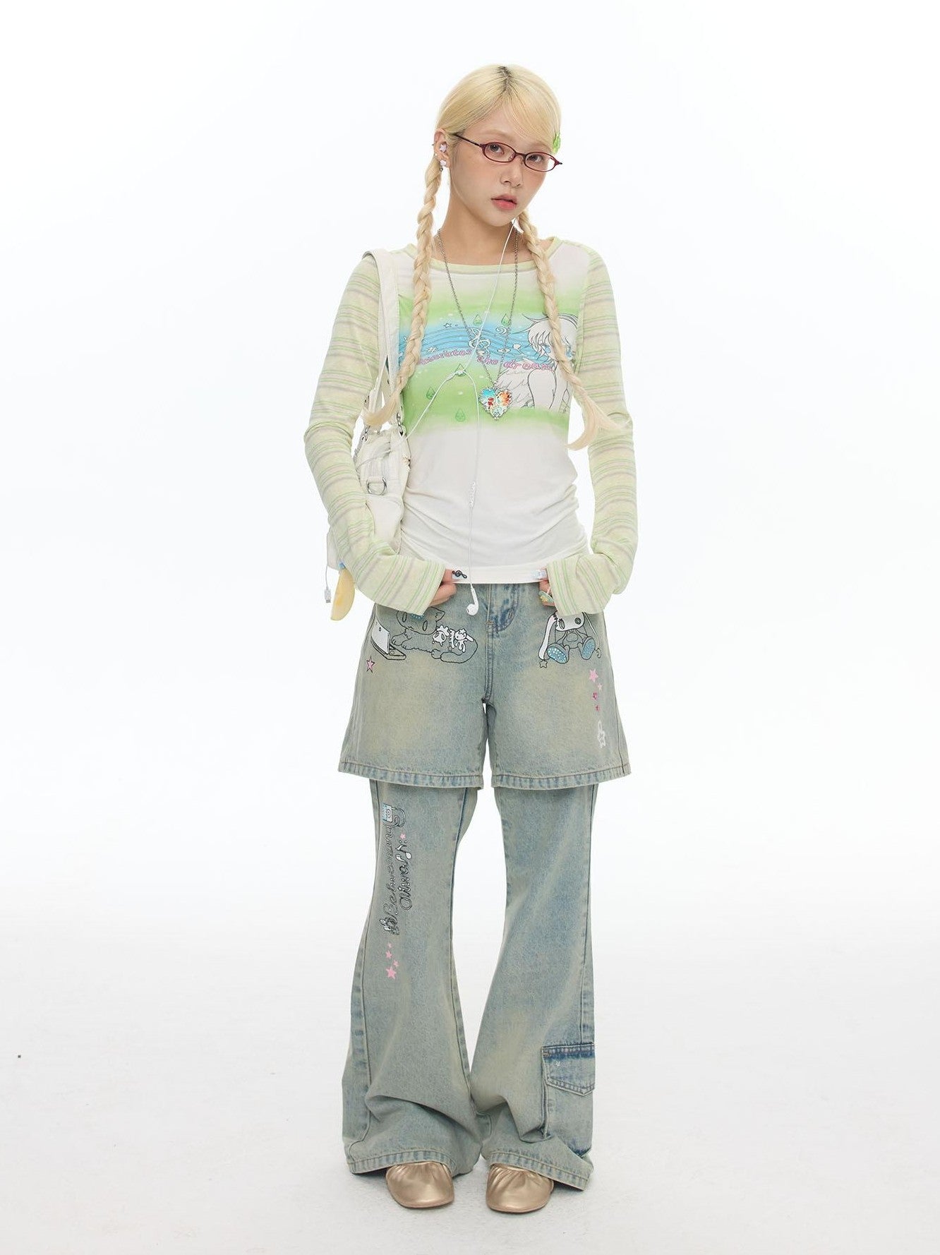 BETWEENAND Washed Faux Two Piece Print Rhinestone Slimming Women&