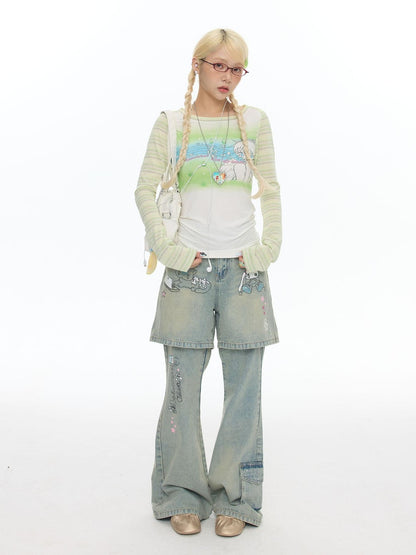 BETWEENAND Washed Faux Two Piece Print Rhinestone Slimming Women&