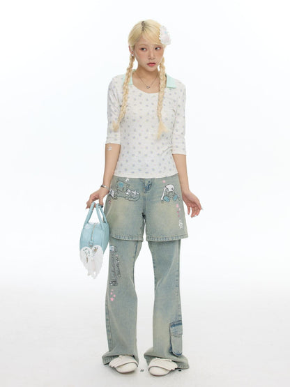 BETWEENAND Washed Faux Two Piece Print Rhinestone Slimming Women&