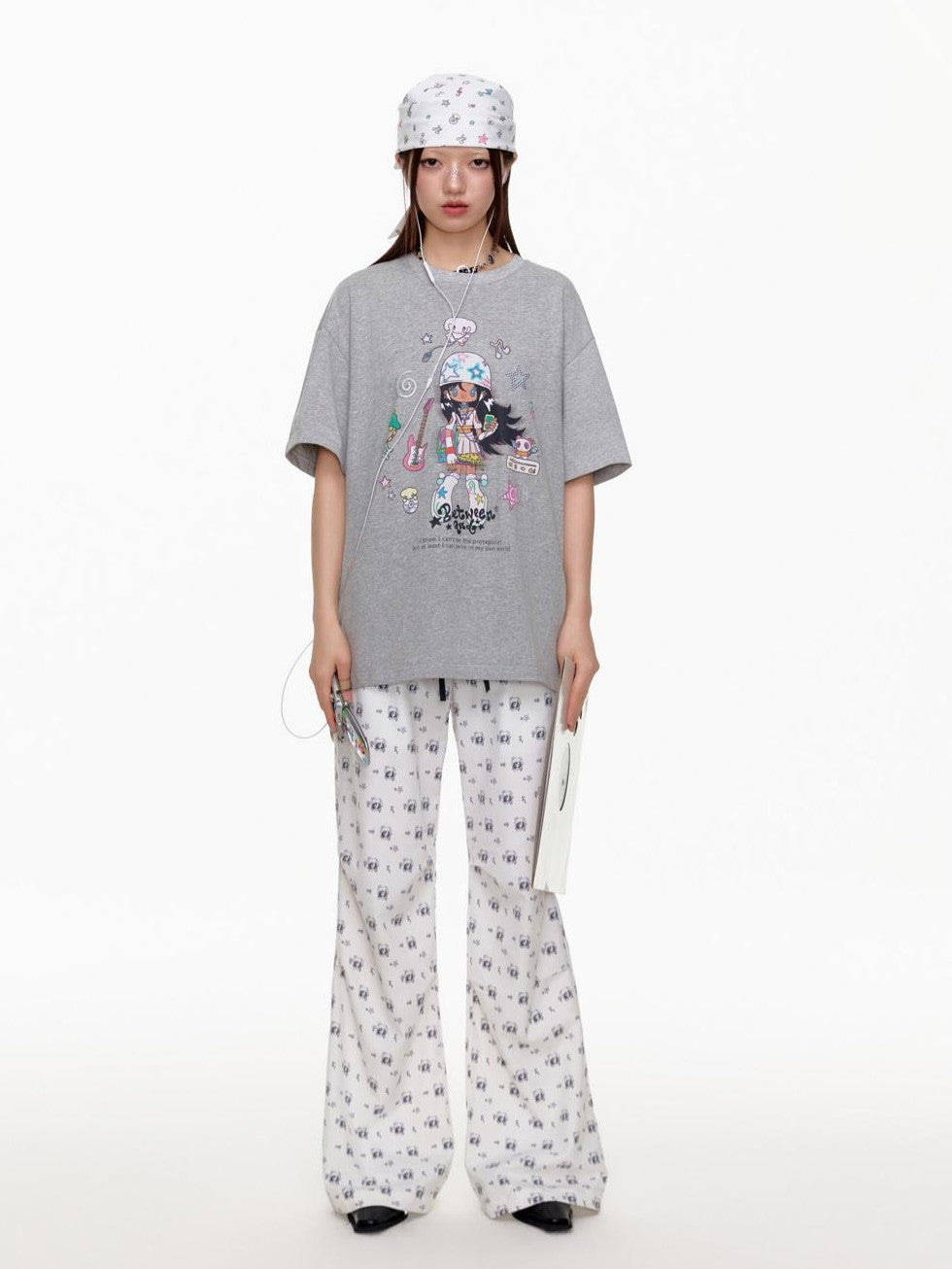 BETWEENAND White Allover Print Embroidered Double Waist Women&