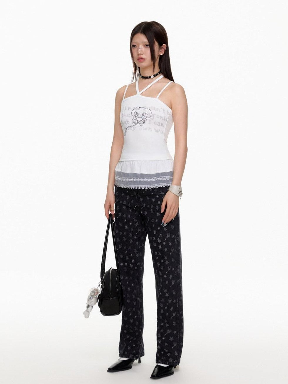 BETWEENAND White Animal Print Tie Back Slim Fit Women&