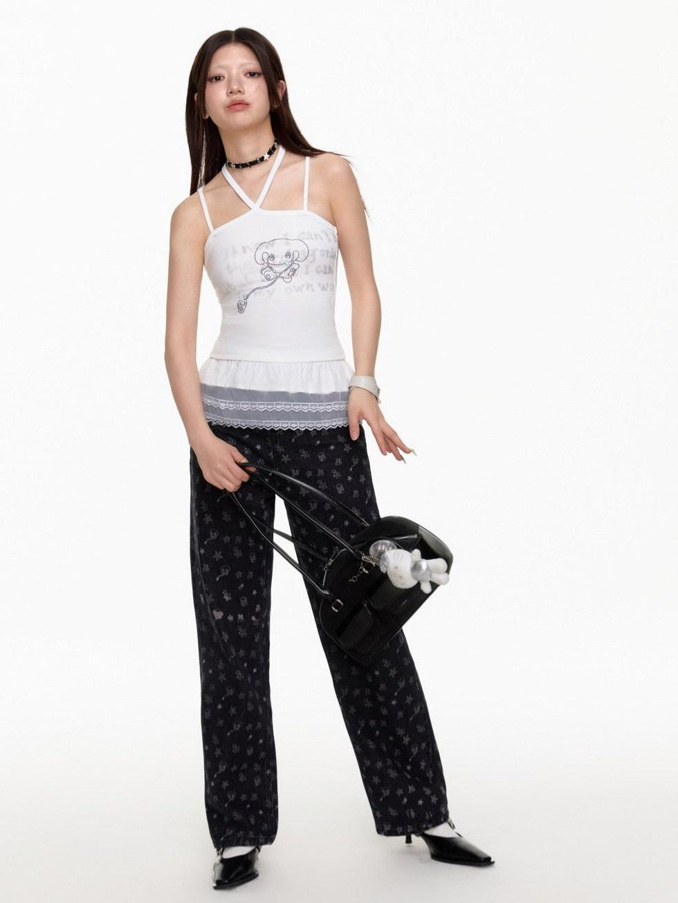 BETWEENAND White Animal Print Tie Back Slim Fit Women&