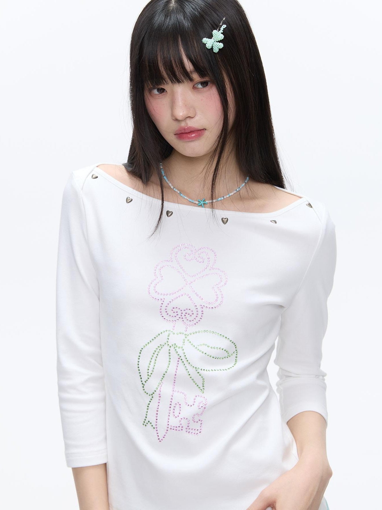 BETWEENAND White Beaded Four Leaf Clover Polka Dot Women&
