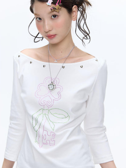 BETWEENAND White Beaded Four Leaf Clover Polka Dot Women&