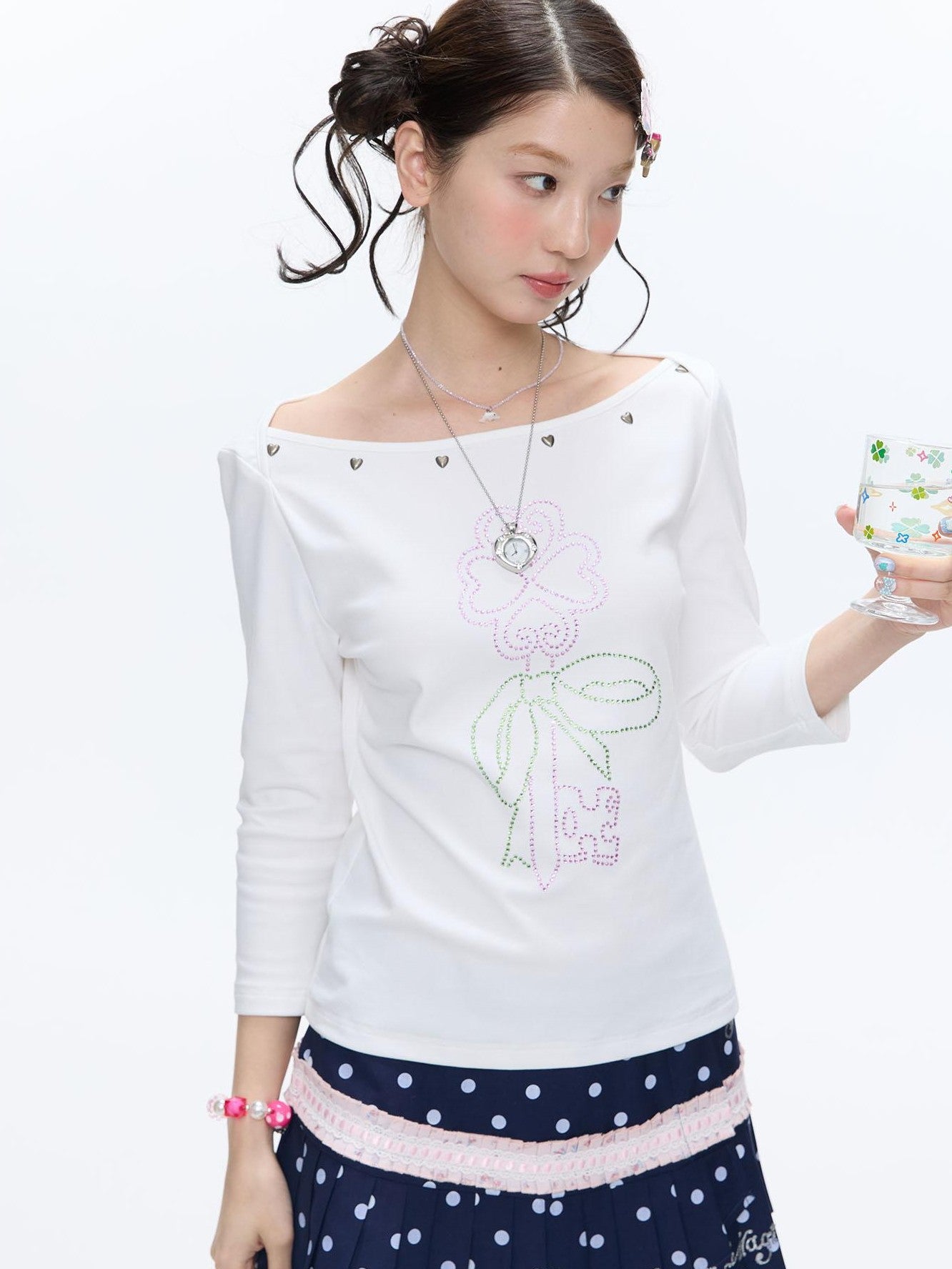 BETWEENAND White Beaded Four Leaf Clover Polka Dot Women&