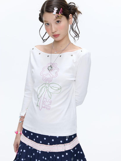 BETWEENAND White Beaded Four Leaf Clover Polka Dot Women&