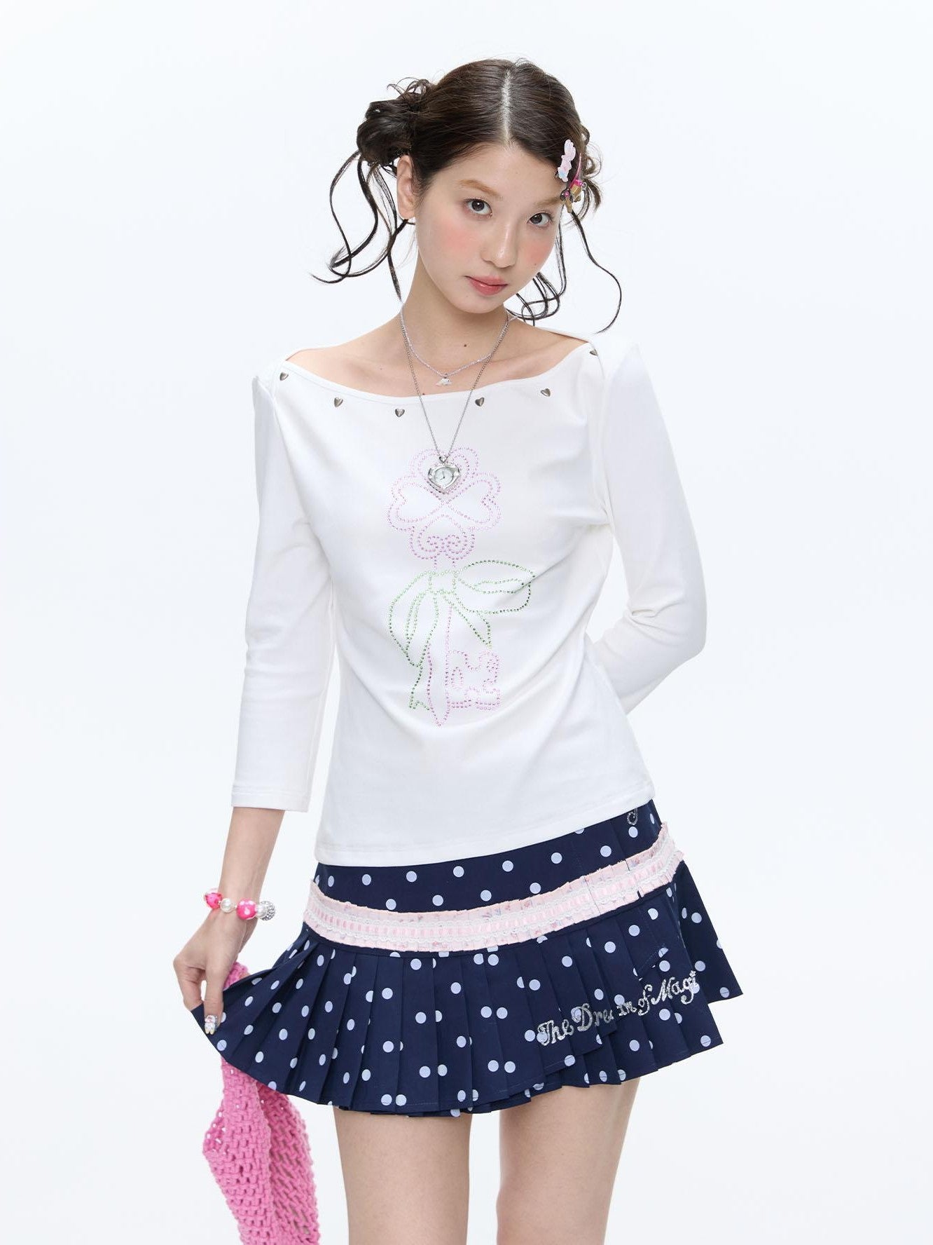 BETWEENAND White Beaded Four Leaf Clover Polka Dot Women&