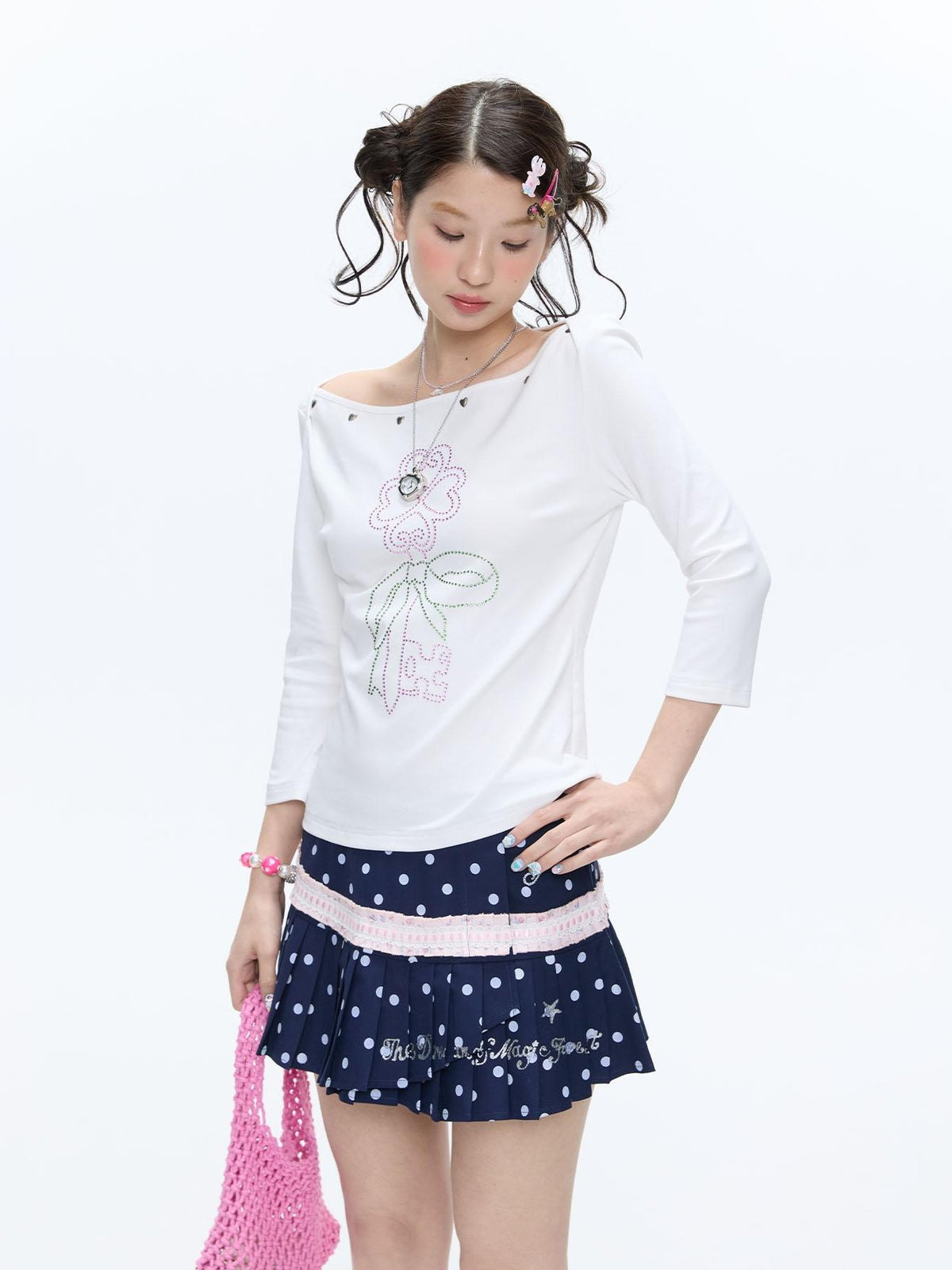 BETWEENAND White Beaded Four Leaf Clover Polka Dot Women&