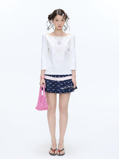 BETWEENAND White Beaded Four Leaf Clover Polka Dot Women&