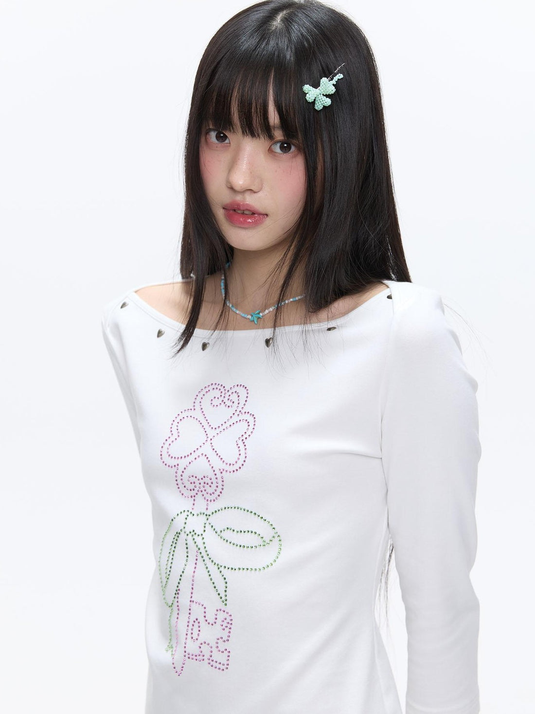BETWEENAND White Beaded Four Leaf Clover Polka Dot Women&