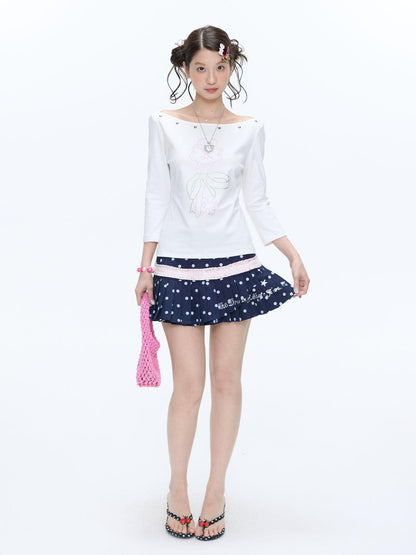 BETWEENAND White Beaded Four Leaf Clover Polka Dot Women&