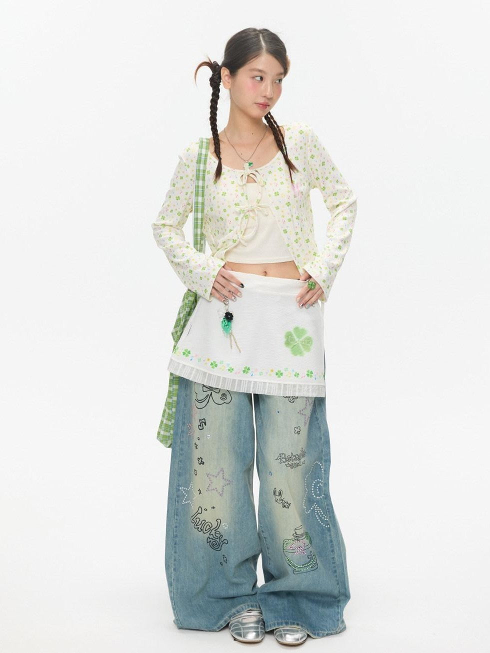 BETWEENAND White Clover Print Tie Strap Layered Mesh Women&