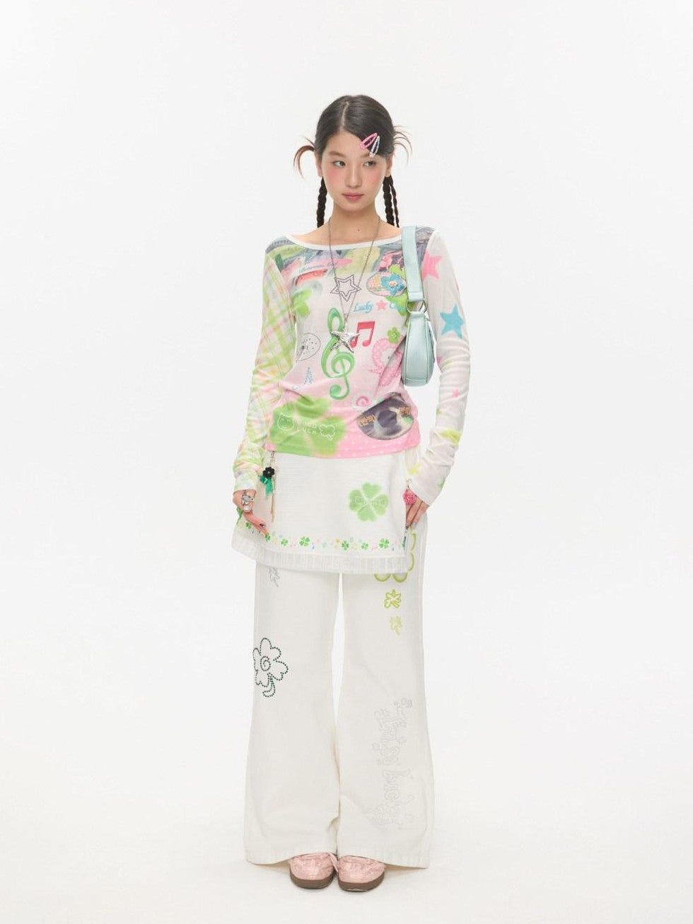 BETWEENAND White Clover Print Tie Strap Layered Mesh Women&
