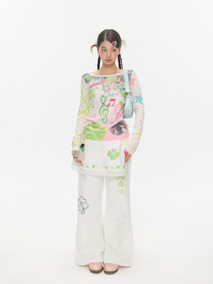 BETWEENAND White Clover Print Tie Strap Layered Mesh Women&