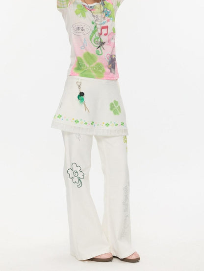 BETWEENAND White Clover Print Tie Strap Layered Mesh Women&