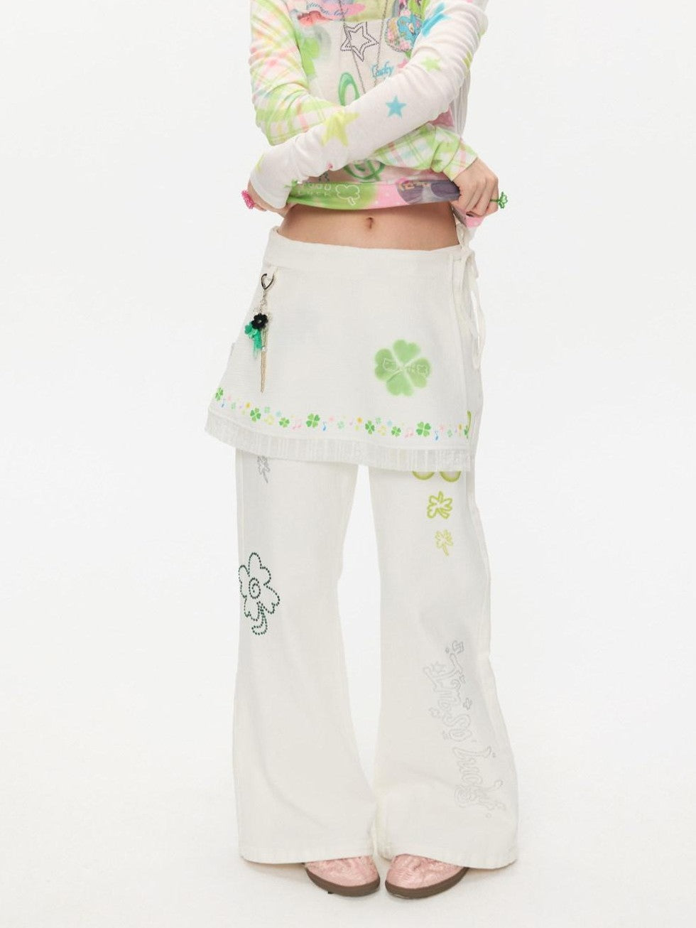 BETWEENAND White Clover Print Tie Strap Layered Mesh Women&