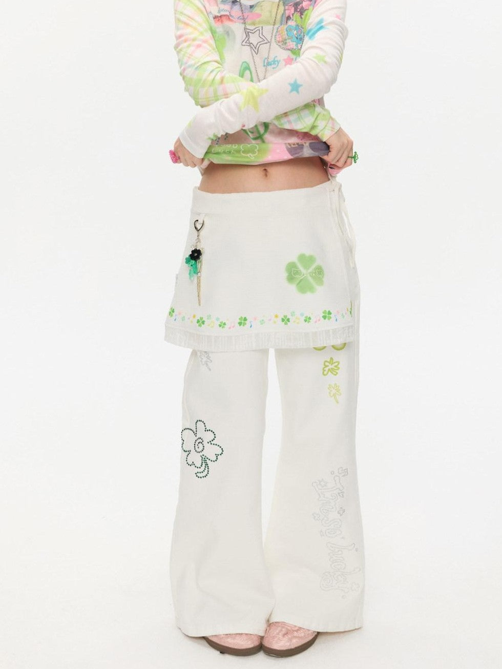 BETWEENAND White Clover Print Tie Strap Layered Mesh Women&