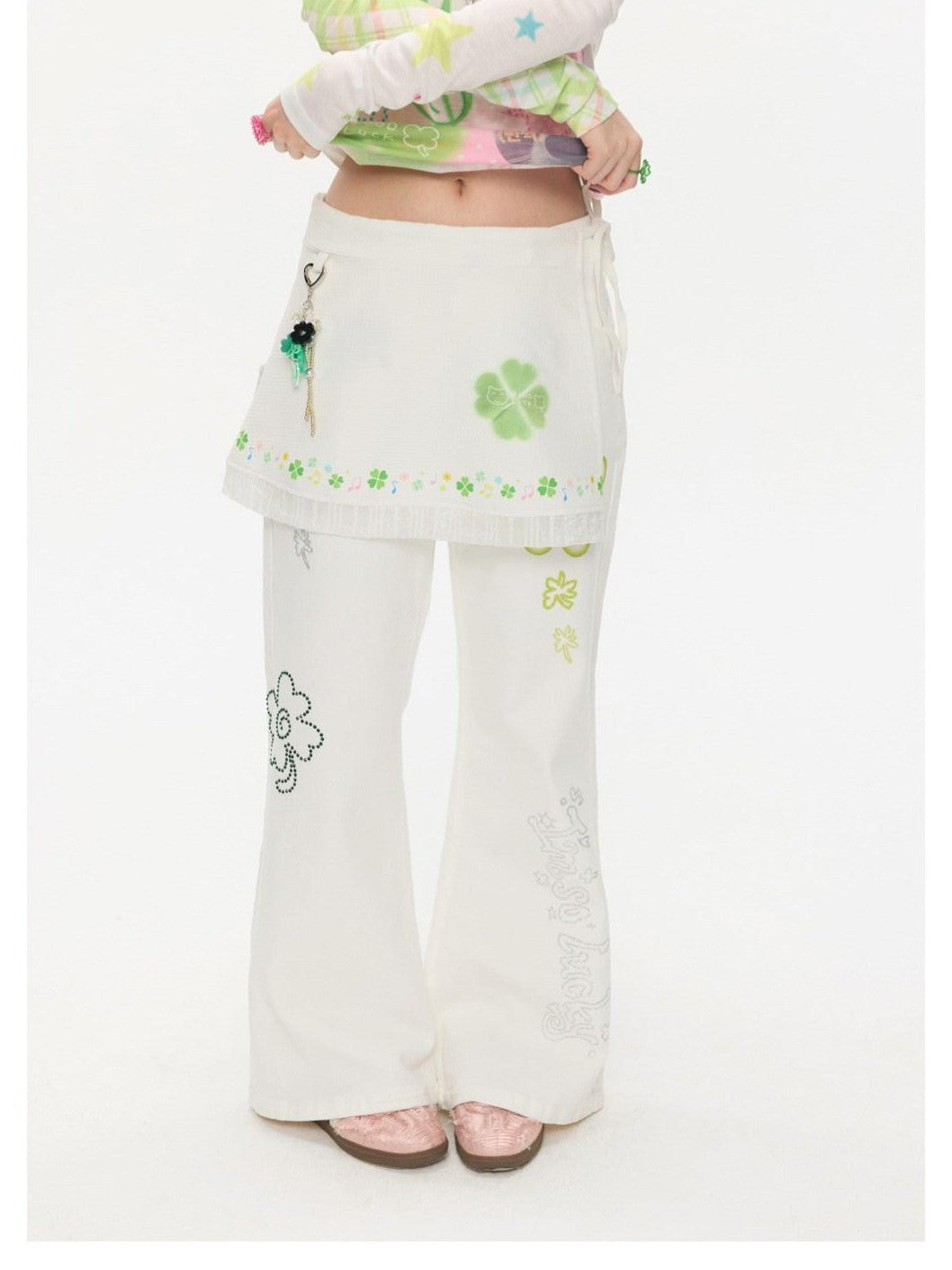 BETWEENAND White Clover Print Tie Strap Layered Mesh Women&