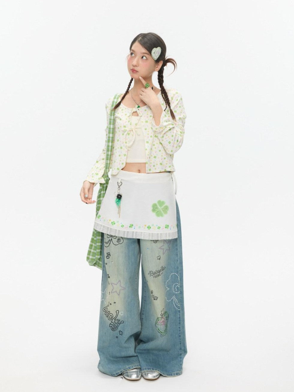 BETWEENAND White Clover Print Tie Strap Layered Mesh Women&