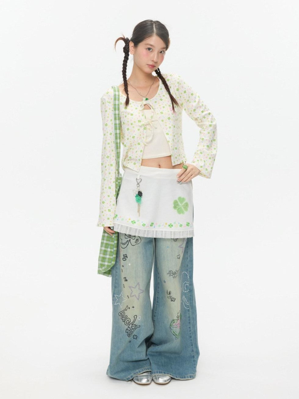 BETWEENAND White Clover Print Tie Strap Layered Mesh Women&
