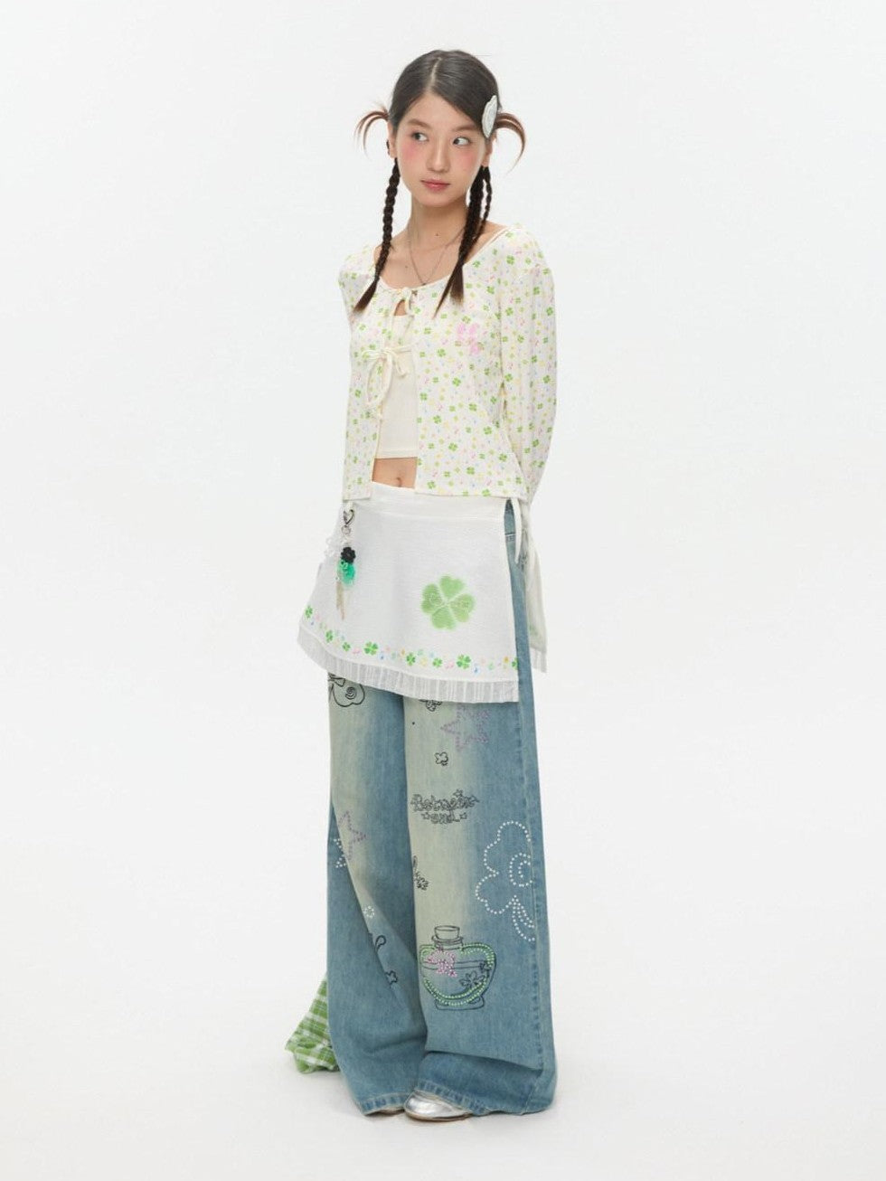 BETWEENAND White Clover Print Tie Strap Layered Mesh Women&