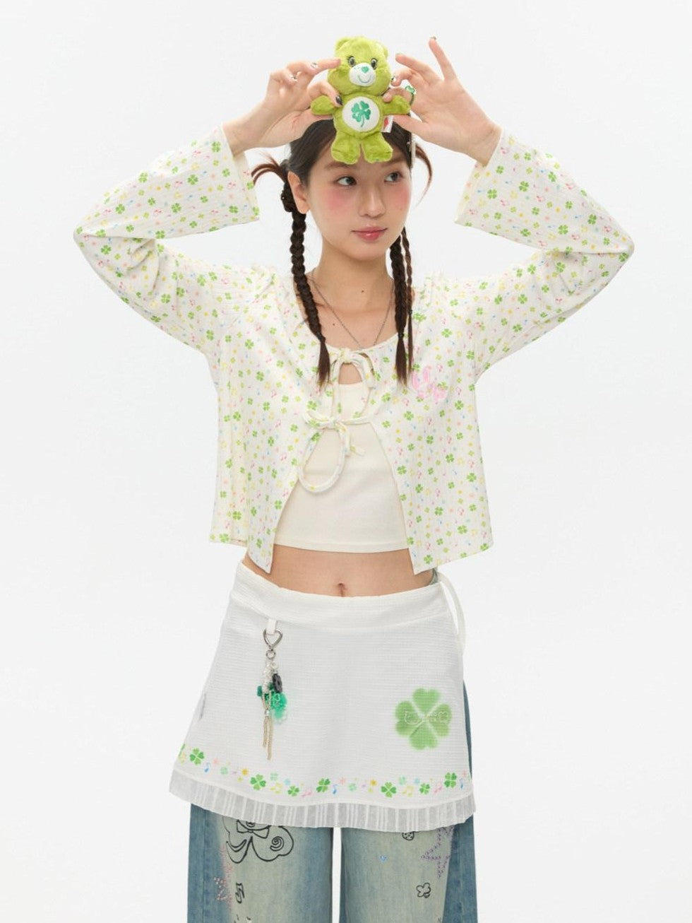 BETWEENAND White Clover Print Tie Strap Layered Mesh Women&