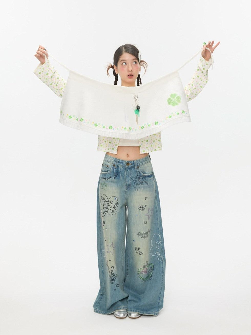 BETWEENAND White Clover Print Tie Strap Layered Mesh Women&