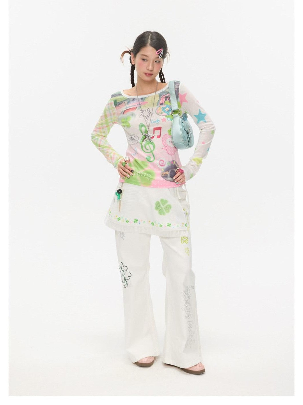 BETWEENAND White Clover Print Tie Strap Layered Mesh Women&