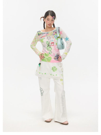 BETWEENAND White Clover Print Tie Strap Layered Mesh Women&