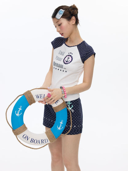 BETWEENAND White Contrast Letter Print Raglan Crop Women&
