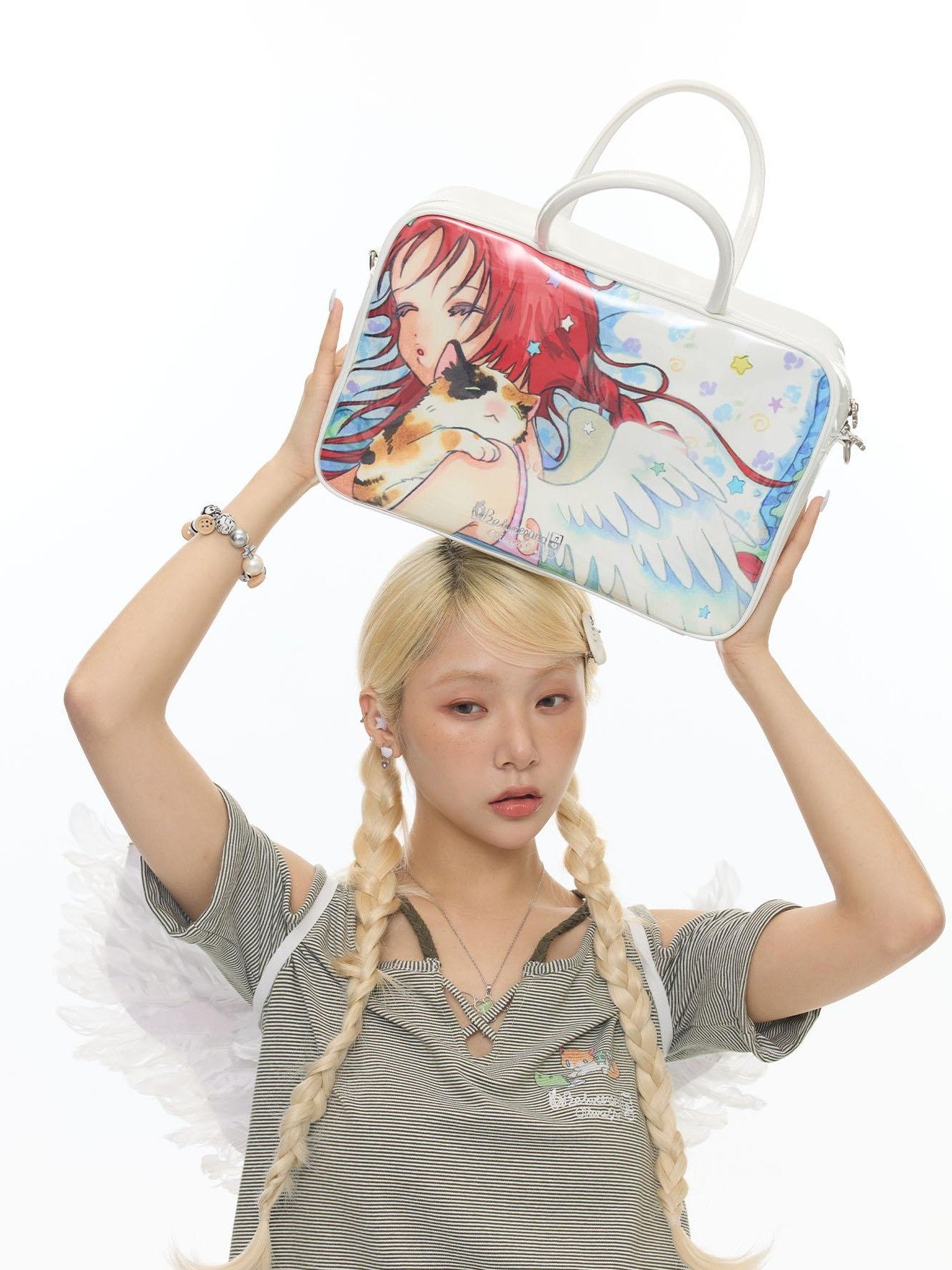 BETWEENAND White Double Sided Angel Print Square Top Handle Single Strap Women&