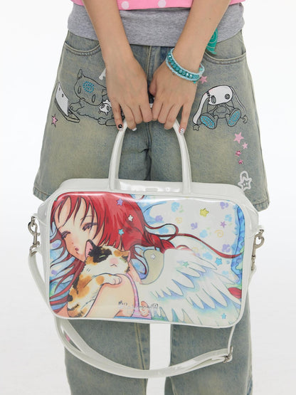 BETWEENAND White Double Sided Angel Print Square Top Handle Single Strap Women&