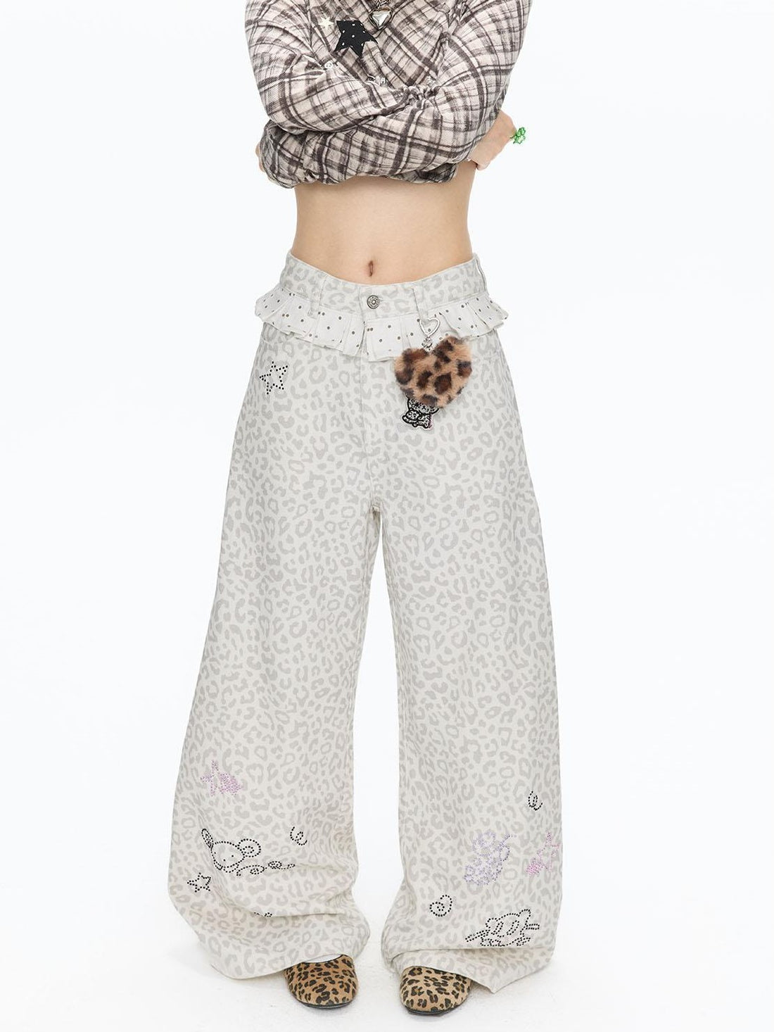BETWEENAND White Leopard Print Rhinestone Lace High Waist Women&