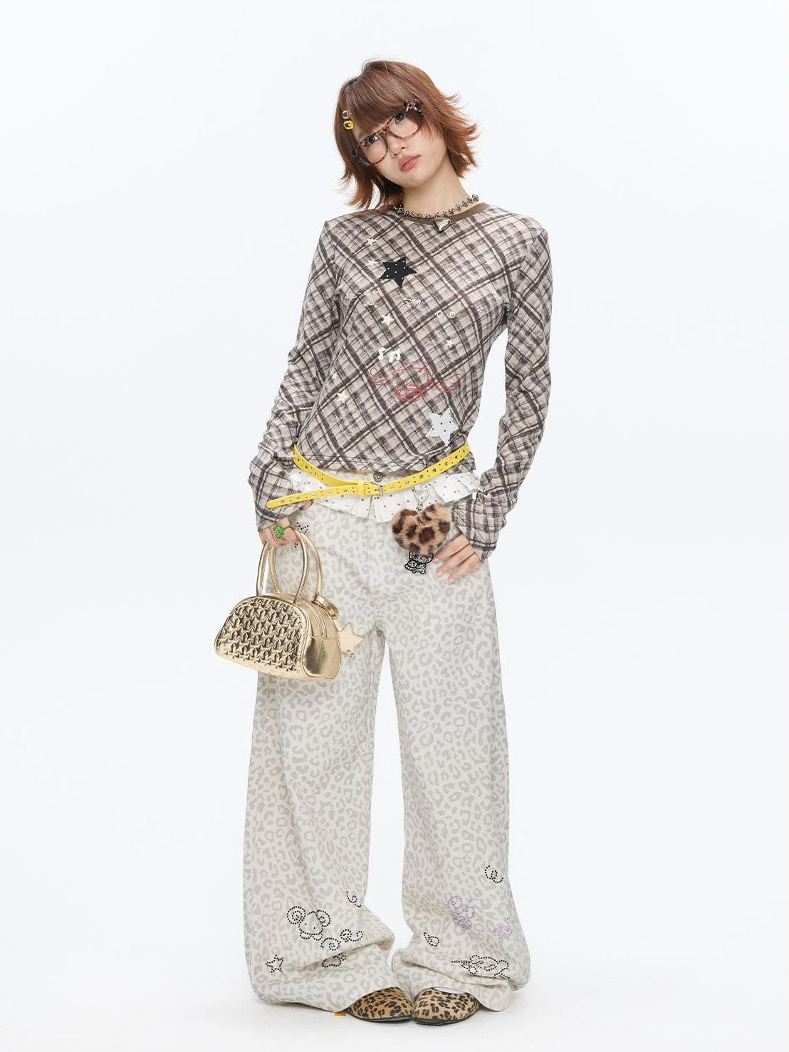 BETWEENAND White Leopard Print Rhinestone Lace High Waist Women&
