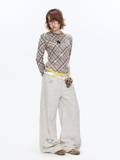 BETWEENAND White Leopard Print Rhinestone Lace High Waist Women&