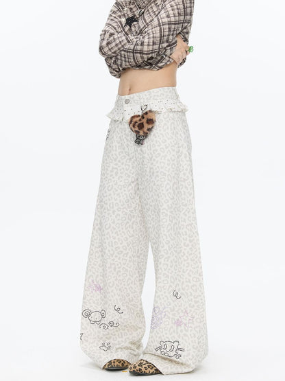BETWEENAND White Leopard Print Rhinestone Lace High Waist Women&