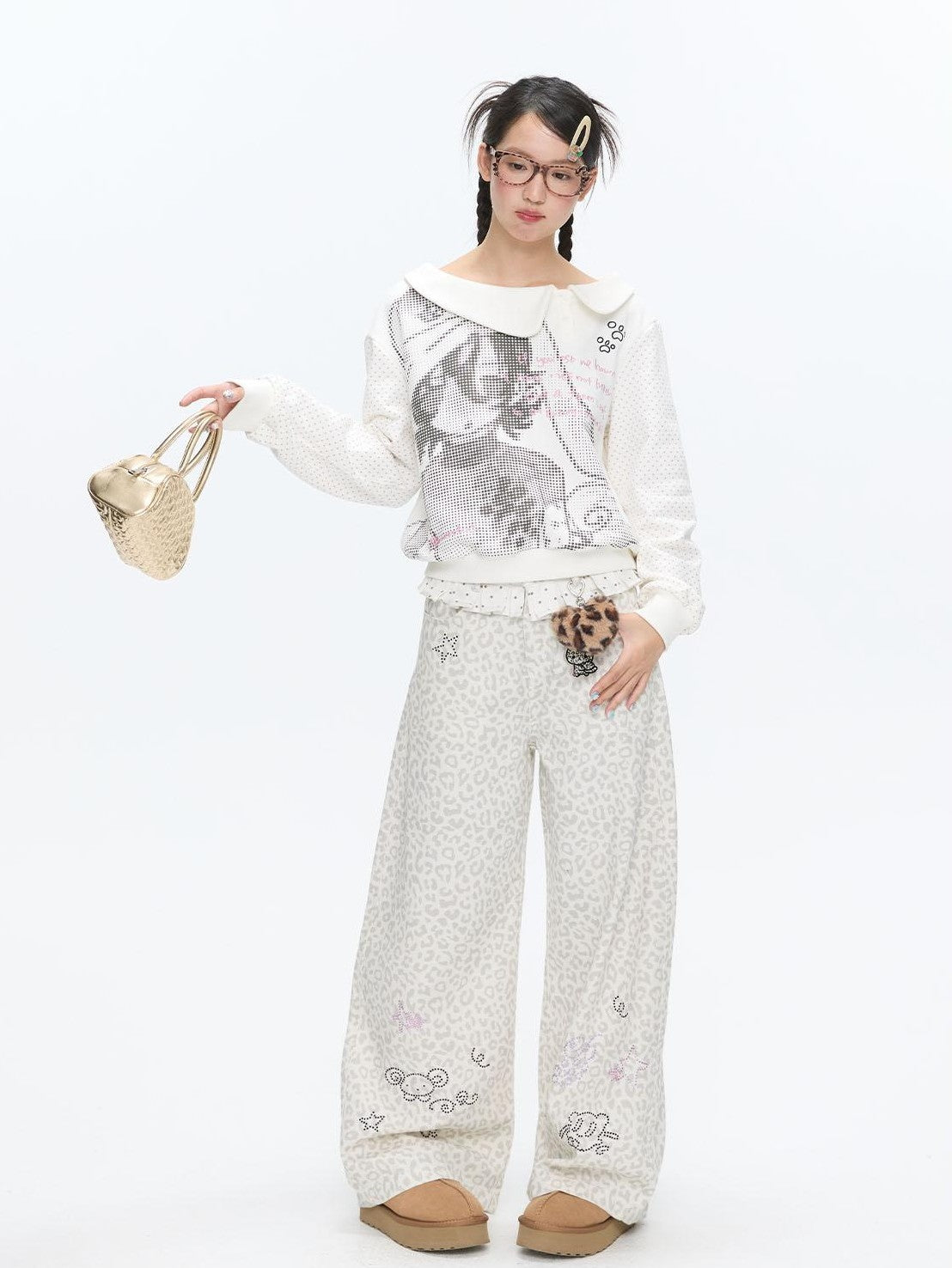 BETWEENAND White Leopard Print Rhinestone Lace High Waist Women&
